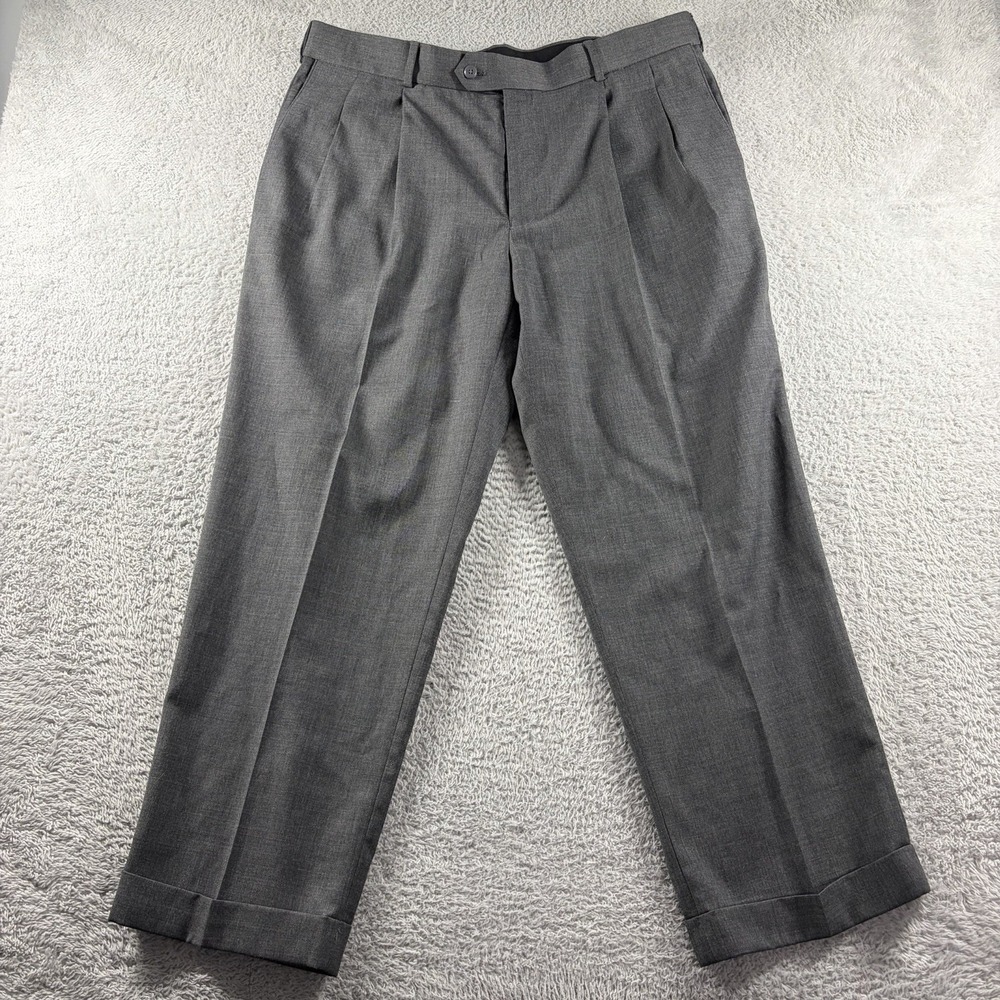 Stafford Pleated Wool Blend Dress Pants Mens 38x29 Gray Lightweight Poly Cuff